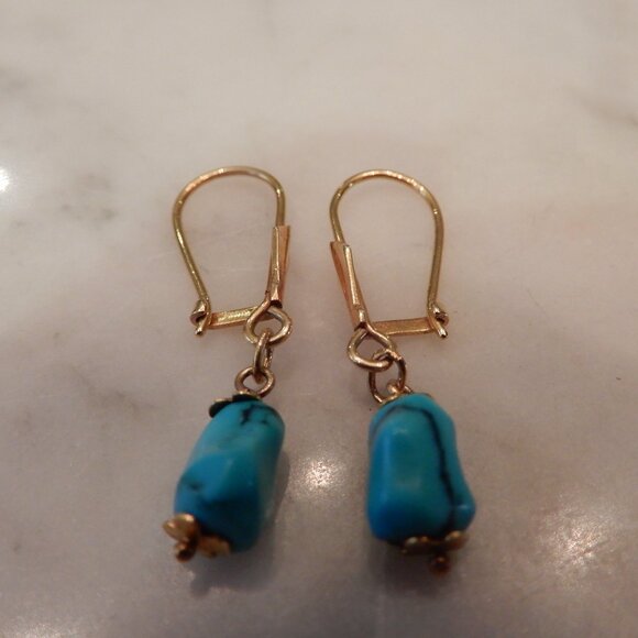 14 Karat Yellow Gold and Turquoise Dangle Earrings - Picture 2 of 3